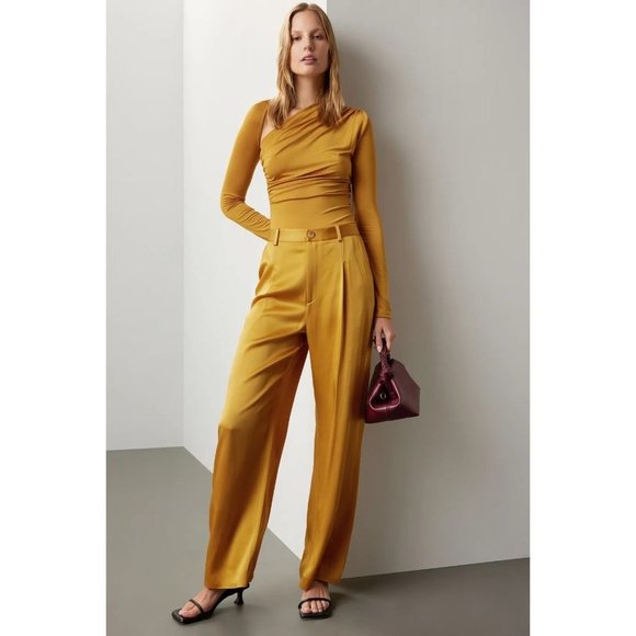 Sally LaPointe Pants - LAPOINTE Satin Pleated Pants in Yellow 2 Womens Wide Leg Trousers